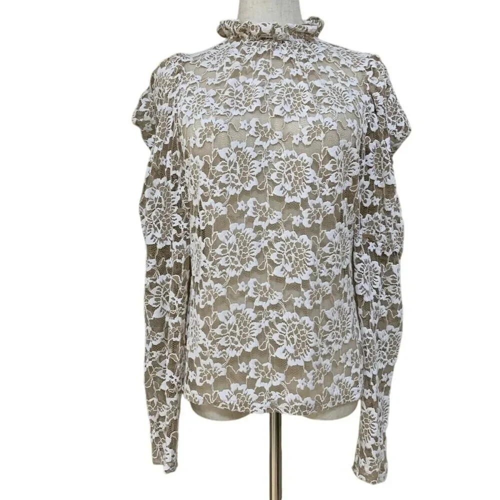 Dolan Lace Blouse White Floral Ruffle Neck Puff Sleeve Top Womens Petite M